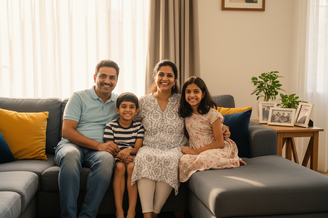 An Indian family of 4 happily sitting on a couch and smiling at the camera